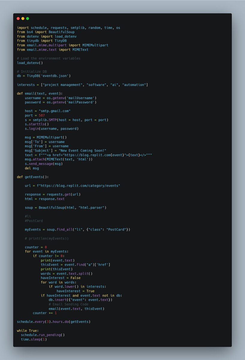 dkingony's tweet image. Day 99 of 100

Project Day: Scrape Events👨🏾‍💻
Today&apos;s challenge involved a combo scraper. Mixed up emailing and scheduling job to find the best events for me to attend using TinyDB to store the events 

Only ONE day to go!

#Replit100DaysOfCode #100DaysOfCode #pythonlearningjourney