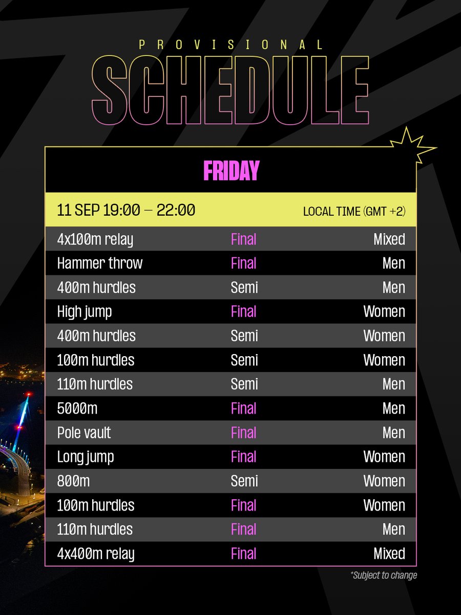 WAultimateChamp's tweet photo. MARK YOUR CALENDARS 💥

Only 300 days until the #WorldAthleticsUltimate Championship kicks off 🔥

Check out the provisional schedule and make sure to get your tickets before they run out ‼️

See you in 300 days 👀 https://t.co/0YcySMkuV2