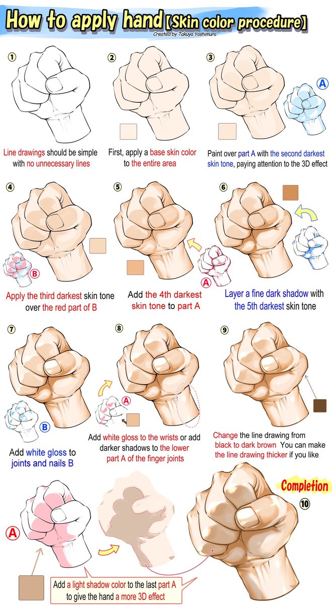 Skin-tone technique for painting hands.