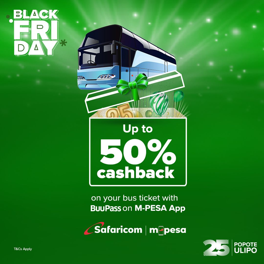 Black Friday special!!
Book tour bus ticket with BuuPass on the M-PESA app and get up to 50% cash back! Fast, secure and convenient- travel has never been this rewarding!
Don’t miss out, book now before the offer ends.  #SafaricomAt25
<a href="/SafaricomPLC/">Safaricom PLC</a> #BlackFriday #DoMoreWithMpesa