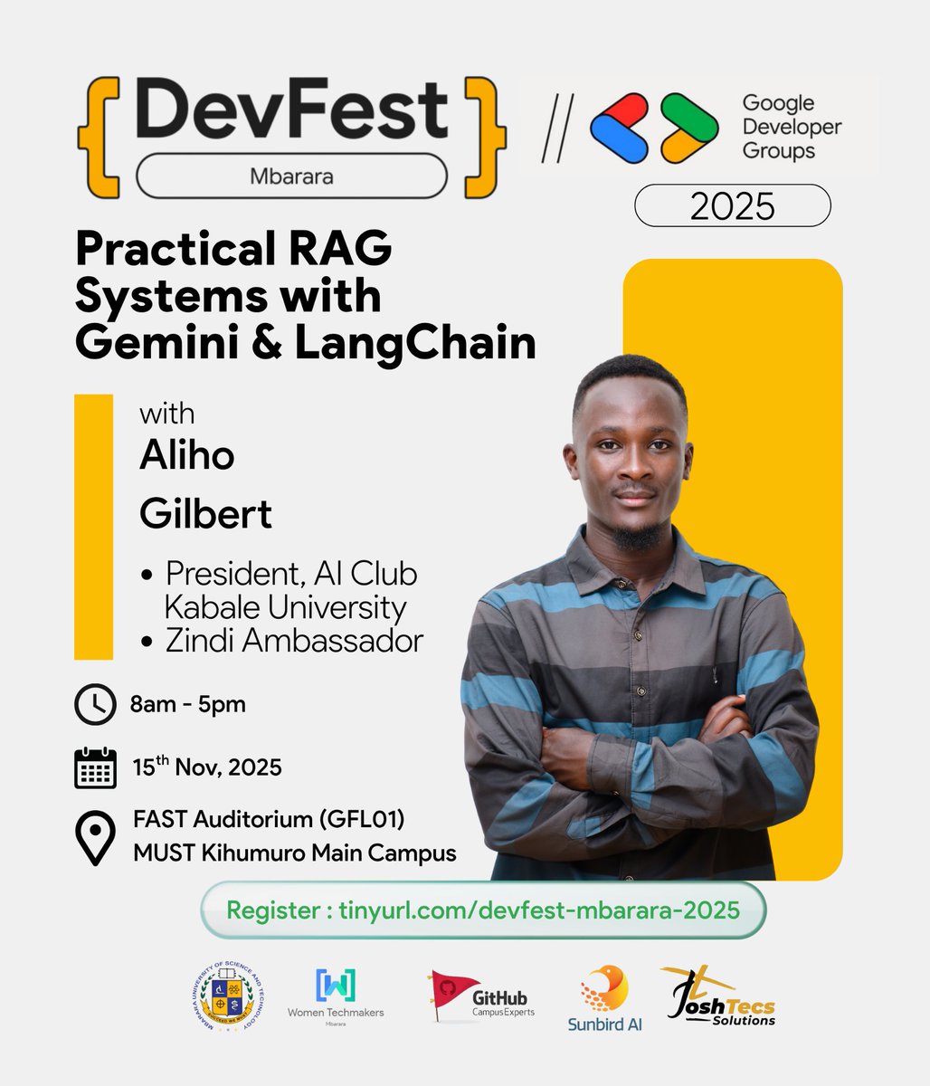 gdgkab's tweet image. Proud to see one of our own taking the stage at DevFest Mbarara! Inspiring leadership and innovation in action 👏🔥

#DevFestMbarara25
#KabaleUniversity
#googledevelopergroup 
#GDG
#GDGonCampusKabale 
#devfestmbarara
#Google 
#Gemini 
#LangChain
#Ai
