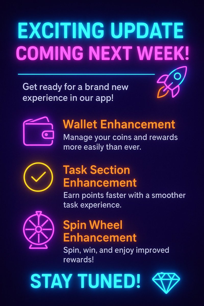 T10Coin's tweet photo. ๐ Exciting Update Coming Next Week! ๐
Get ready for a brand new experience in our app! Next week, we are rolling out major updates to enhance your journey:
#AppUpdate #WalletUpgrade #TaskEnhancement #SpinWheelFun #NextWeekUpdate https://t.co/WYWDTFYl83