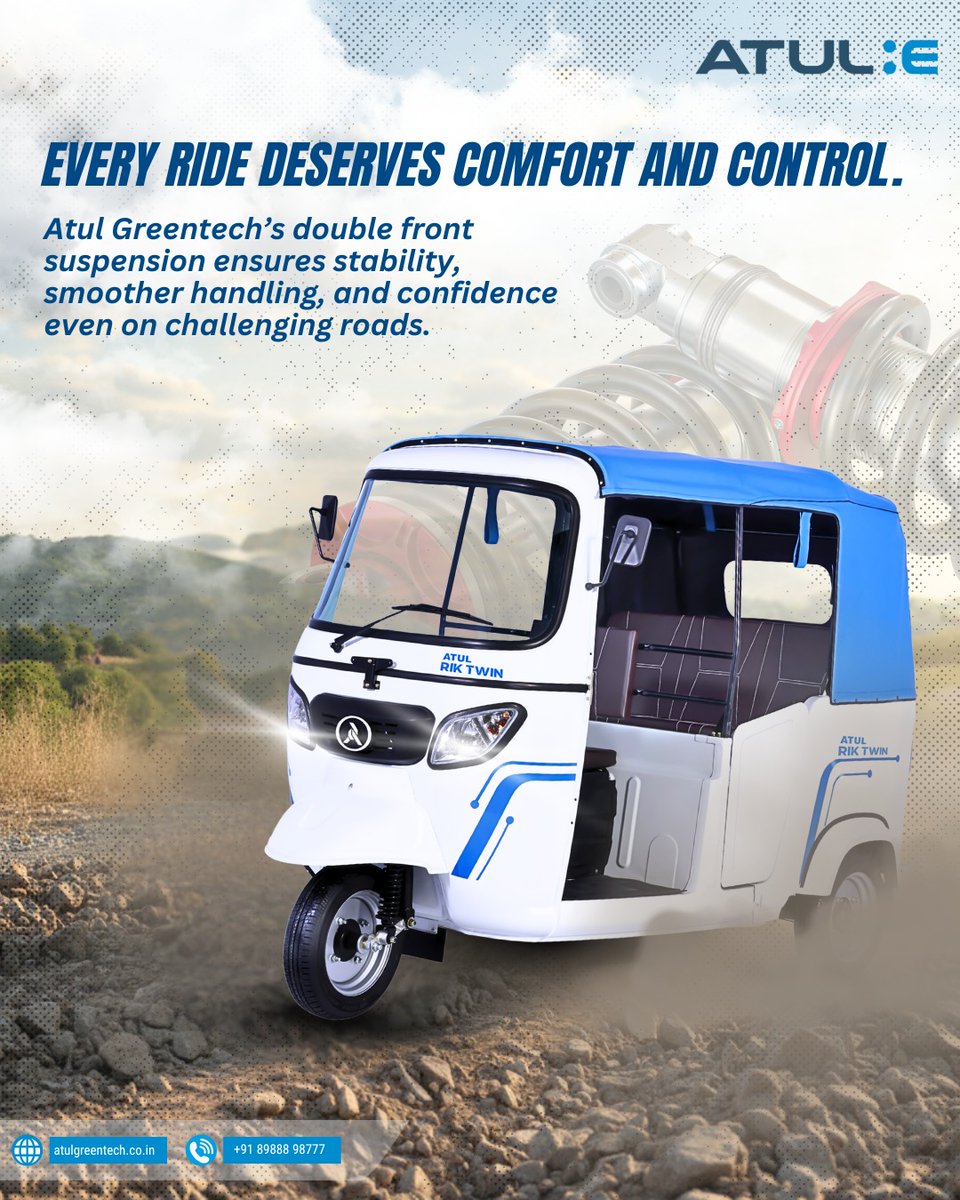 AtulGreentech's tweet image. Experience a ride engineered for Indian conditions. The double front suspension design absorbs shocks and enhances balance, offering better stability and comfort — making every journey a smart, smooth move.

#AtulGreentech #SmartMove #EVPerformance #ElectricMobility  #PowerfulEV