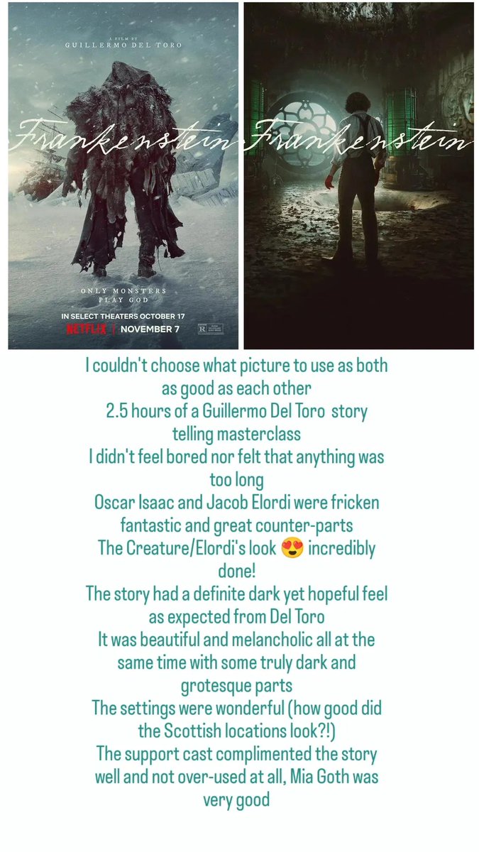TalPrime's tweet image. I watched #Frankenstein this morning 2.5 hours of a gorgeously set film, I didn't get bored at any point. Del Toro included his dark yet hopeful and tragic story-telling magic! Isaac and Elordi played counterparts fantastically. The settings looked so good! Great film