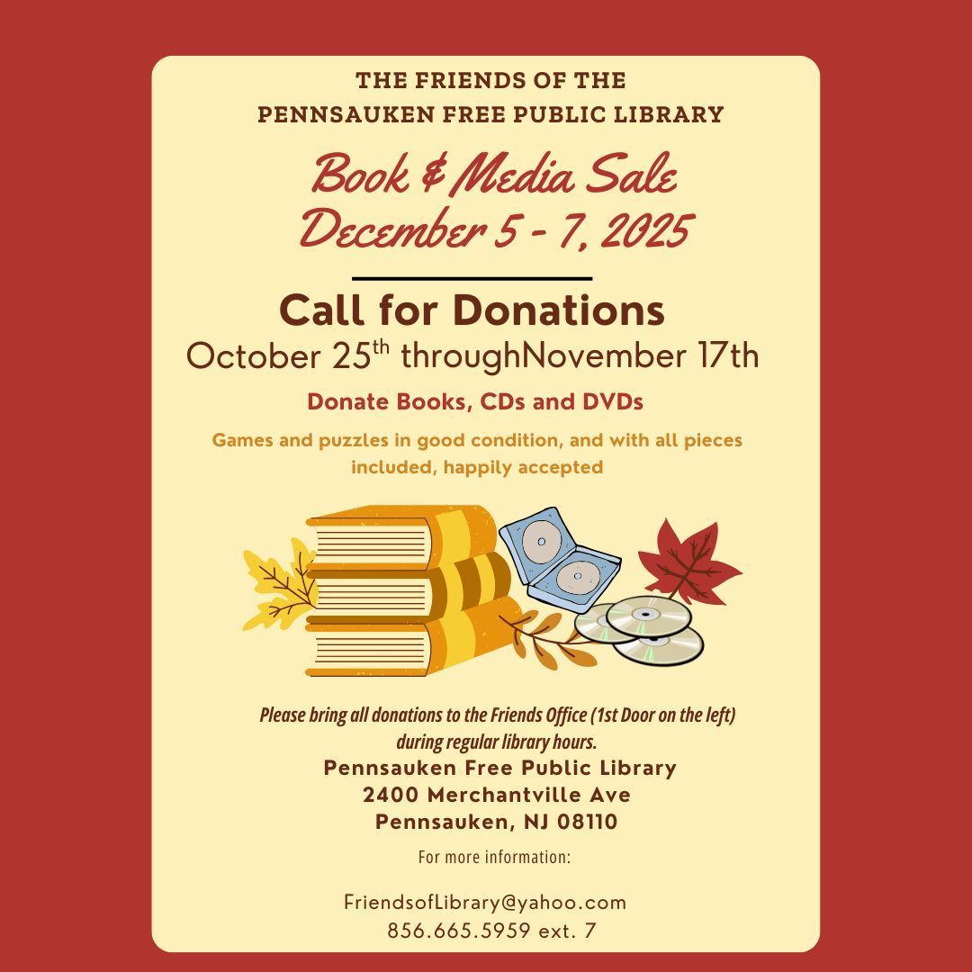 pennsaukenlib's tweet photo. Book & Media Sale!
Dec 5β7, 2025
Donate books, CDs, DVDs, games & puzzles (good condition, all pieces included)
Drop off at Friends Office (1st door on the left)
Donations accepted Oct 25βNov 17
Support The Friends of the Library and help our community grow!
#LibraryFriends https://t.co/xdu8zN1bpb