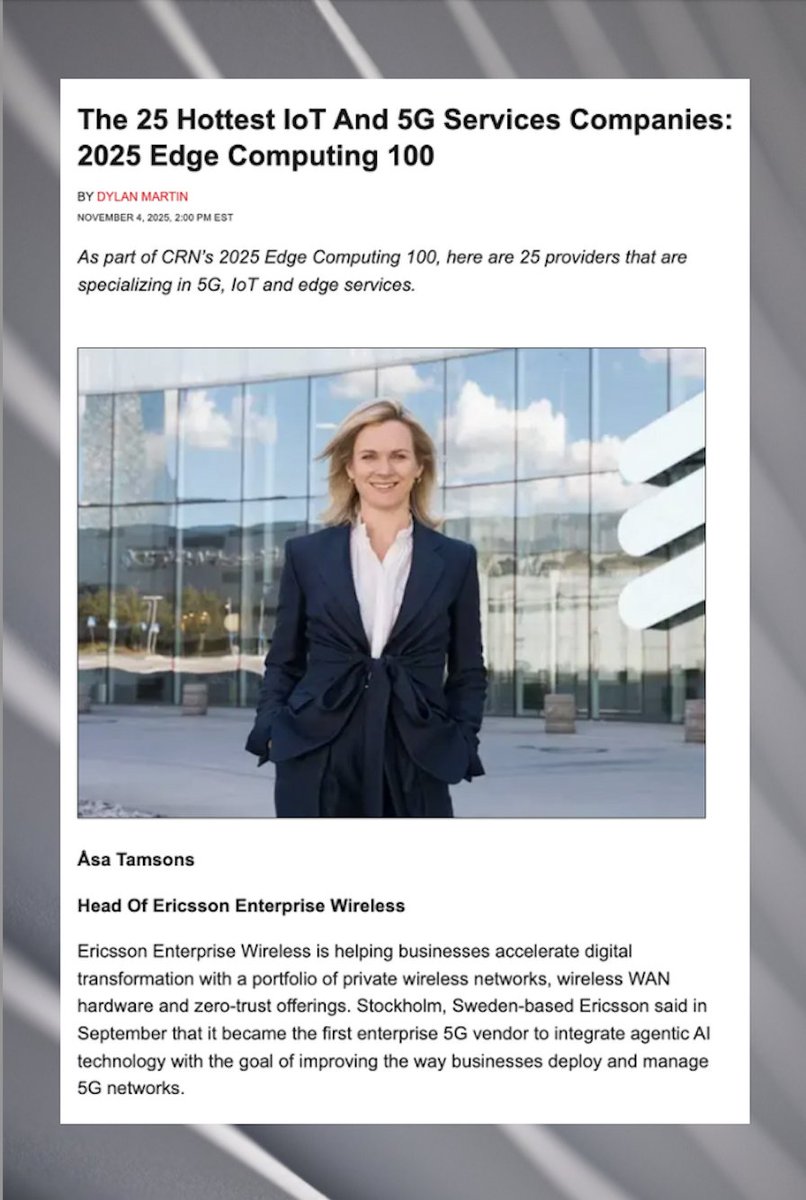 EricssonEnt's tweet image. From Private 5G to zero-trust Wireless WAN, we’re helping enterprises build secure, agile edge networks.

Honored to be named one of CRN’s 25 Hottest IoT and 5G Services Companies in the 2025 Edge Computing 100!

#EdgeComputing #5GforBusiness