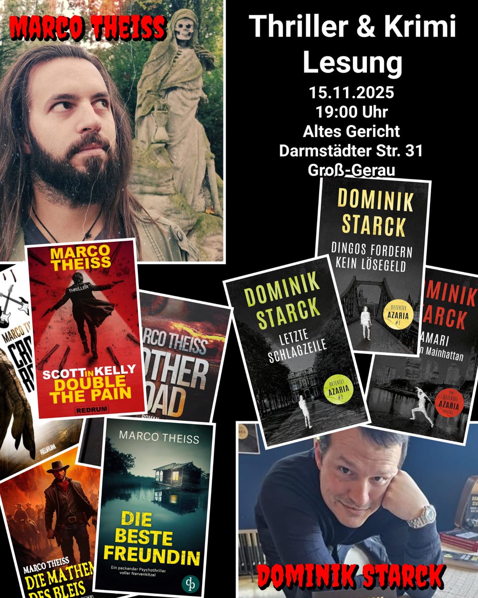 Für die Kurzentschlossenen aus dem Umkreis von Groß-Gerau: heute Abend lesen mein Freund und Kollege Marco Theiss und ich aus unseren Actionthriller-Romanen. Angereichert mit zahlreichen Anekdoten über Bücher und das Filme machen.

Kommt vorbei!