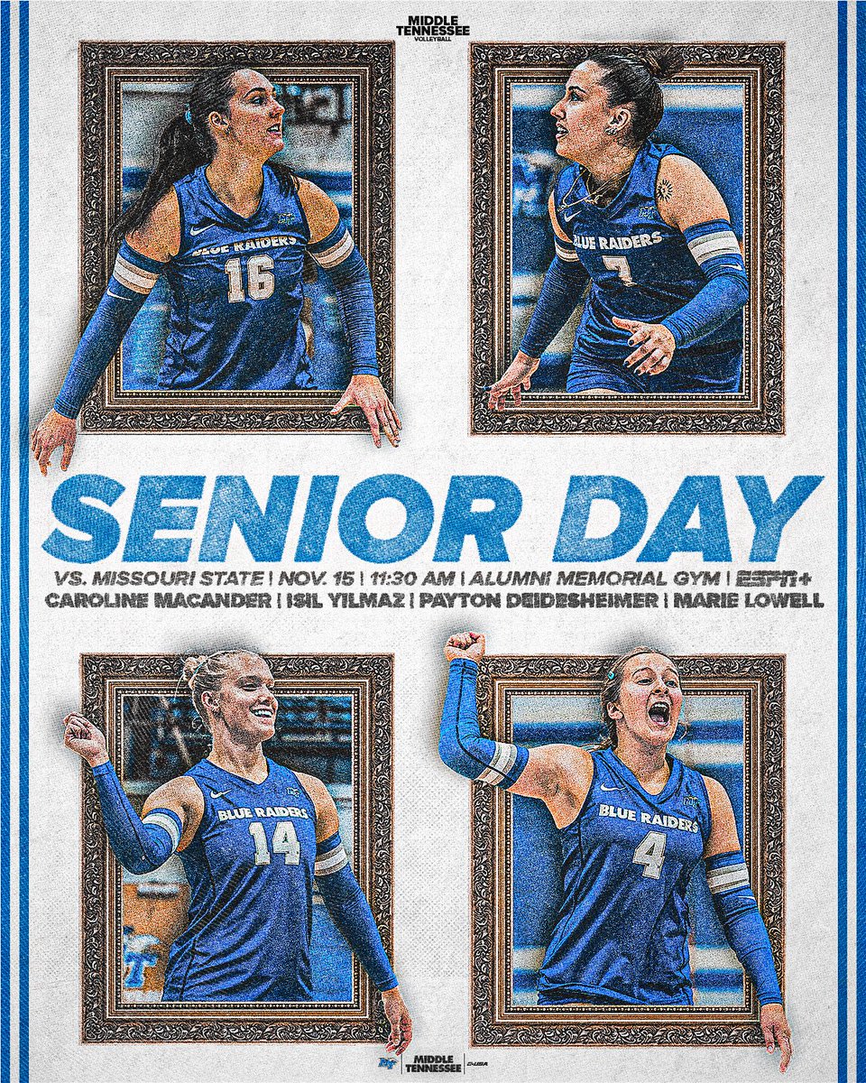 One last time

🆚 Missouri State
🏟️ Alumni Memorial Gym
📍Murfreesboro, Tenn.
⏰ 11:30 AM
📊 goblueraiders.co/WVB-Stats-MSU-…
📺 goblueraiders.co/WVB-Watch-MSU-…

#BLUEnited