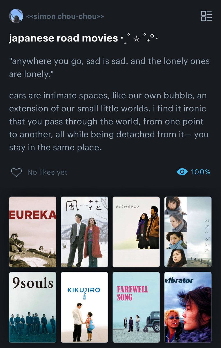simonchouchou's tweet image. i love road movies. i love the solitude in liminal spaces. i love the melancholy of it, the wistful atmosphere, and the endless soul searching. i love the intimate conversations in cars. and because of all that, i made a list!

full list: boxd.it/Q8Cr0