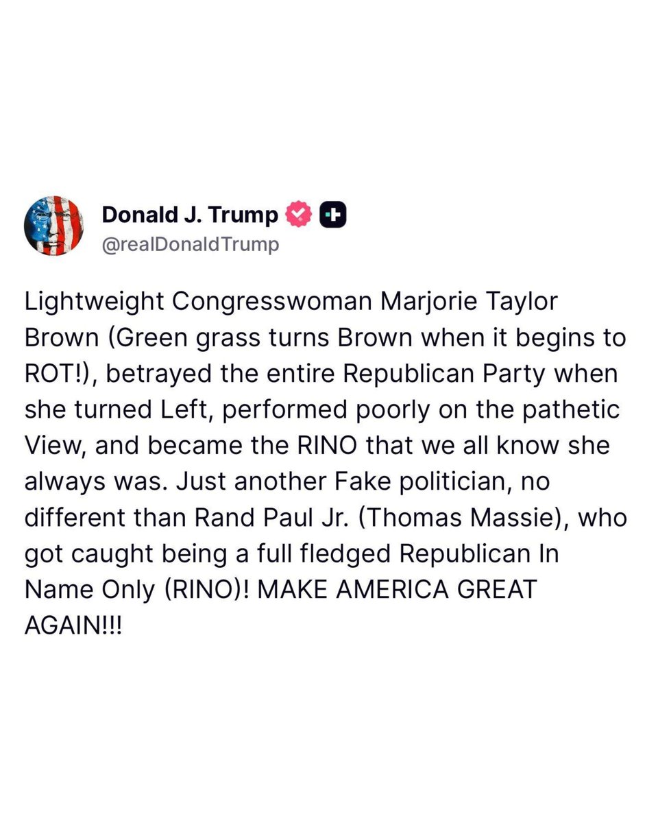 EricLDaugh's tweet image. 🚨 BREAKING: President Trump is holding NOTHING back against &quot;Lightweight Congresswoman Marjorie Taylor Brown&quot;

&quot;(Green grass turns Brown when it begins to ROT!)&quot;

&quot;Betrayed the entire Republican Party when she turned Left, performed poorly on the pathetic View, and became the…