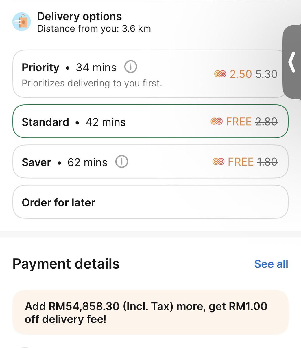 bashrahman's tweet image. Wow @GrabMY what should i order  that cost RM54,000+ to get that RM1 off delivery fee?

A car?