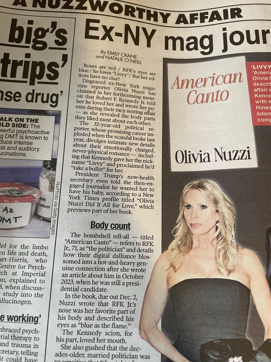 TabCityDiary's tweet photo. “HE DID IT ALL FOR THE NUZZI” 

“Roses are red / RFK’s eyes are blue / he loves ‘Livvy’/ But her editors have no clue!”
              —@nypost https://t.co/VQG91TsMMh