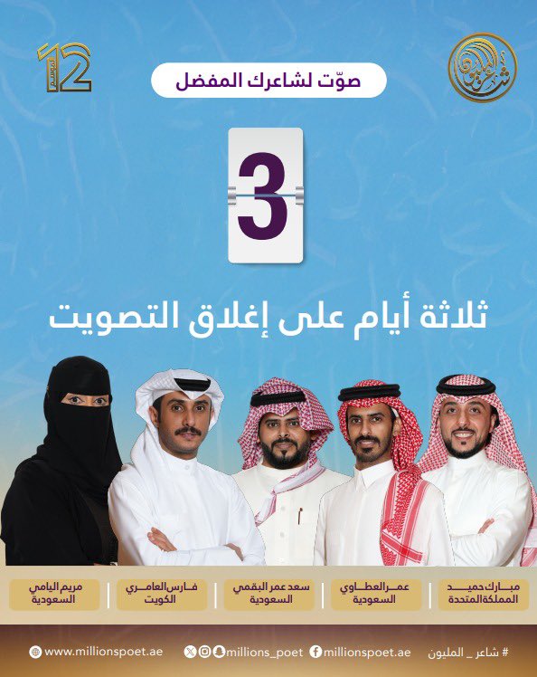 لا تفوتوا فرصة دعم شاعرِكم! التصويت مستمر حتى يوم الثلاثاء الساعة الثامنة مساءً… كل صوت منكم يقربه خطوة نحو النجاح ويمنحه فرصة لمواصلة رحلته في عالم القصيد والتألق في المرحلة المقبلة. شاركوا الآن واجعلوا لصوتكم أثرًا حقيقيًا

#شاعر_المليون_12 #قصيدنا_واحد #رحلة_الشعر #درب_البيرق