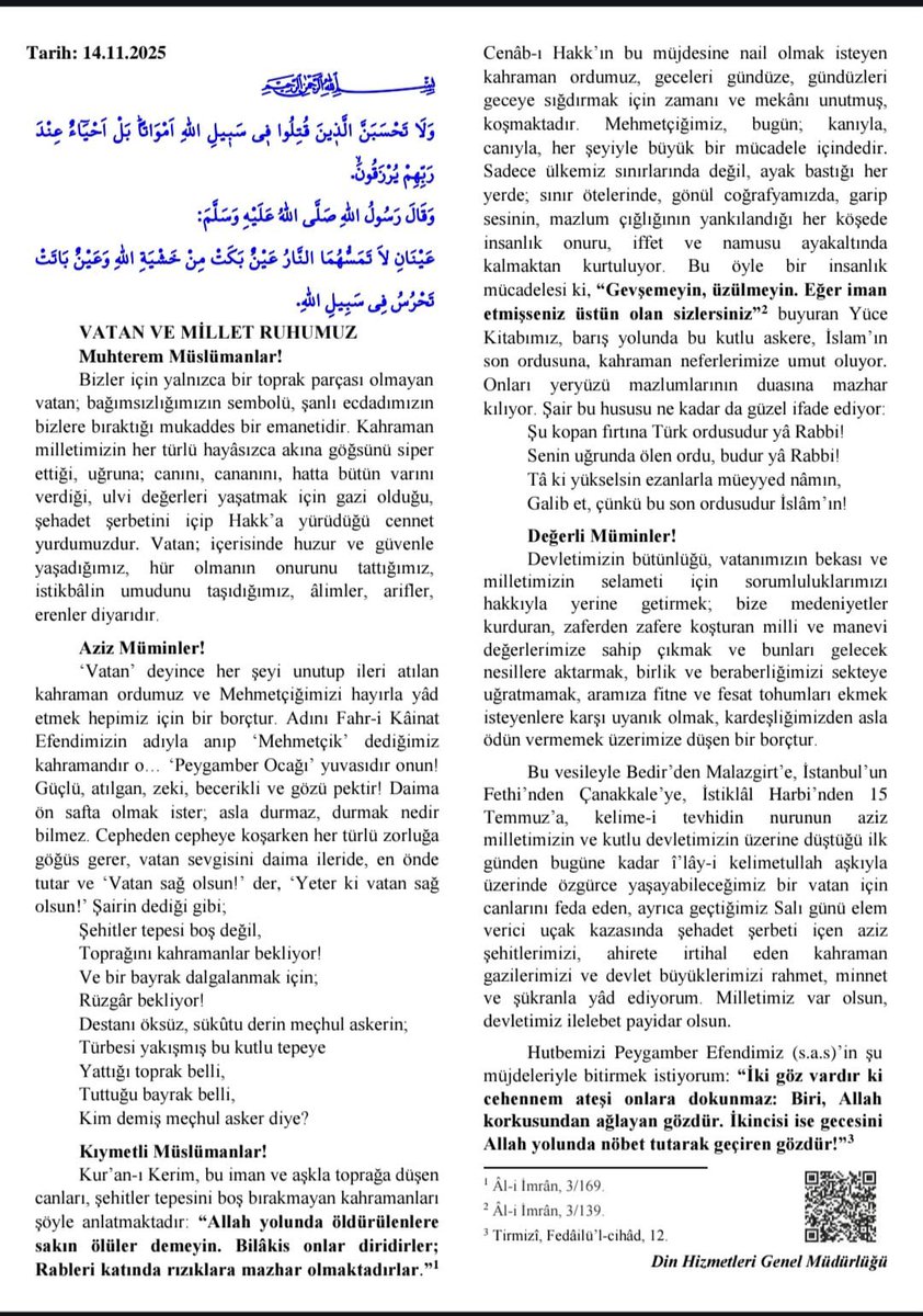 🔴 Prof. Dr. Erhan Afyoncu:

Türkiye, vatan uğruna hizmet ederken şehit düşen 20 kahraman evladına ağlıyor. Dün Cuma namazını müteakip ülkemizin dört bir yanında şehitlerimizin cenaze namazlarını kıldık.

Diyanet İşleri Başkanlığımız da Türk milletinin hislerine tercüman olarak
