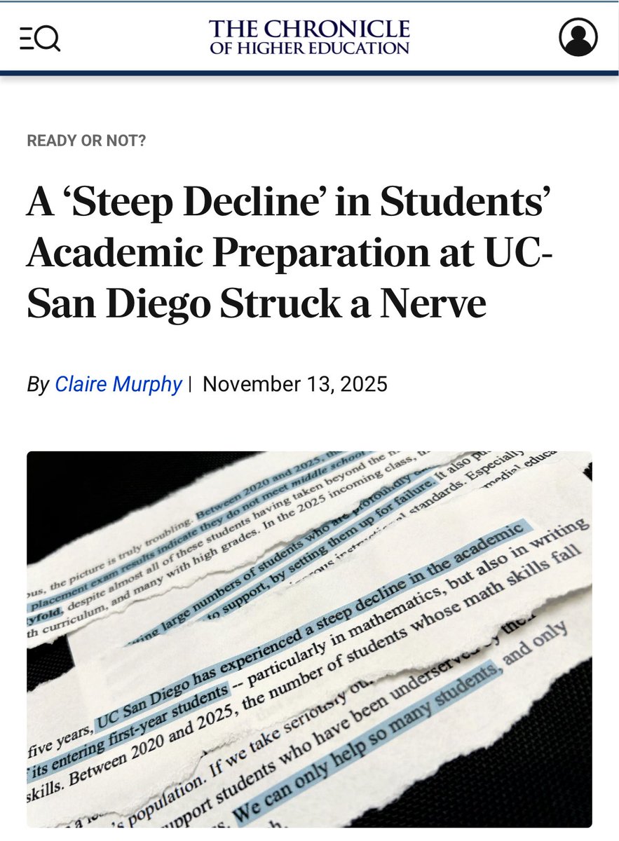 sfmcguire79's tweet image. “Grades on high-school transcripts too often bear little relationship to a student’s mastery of crucial skills: A student may have graduated with an A in calculus yet lack the capacity to solve simple algebraic equations.”

It’s almost like UC needs some kind of universal test…
