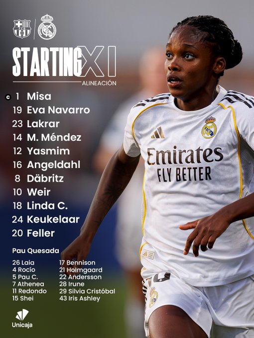 Graphic displays starting XI lineup for Real Madrid womens team with player photos in white jerseys showing Misa Rodriguez as number 1 goalkeeper, Eva Navarro number 19 forward, Olga Carmona number 2 defender, and others including Yazmin, Angela, Daibriza, Leila Cirauqui, Keukelaar, Feller, Rocio, Raso, Pardo, Svava, and Ashley in action poses on field.