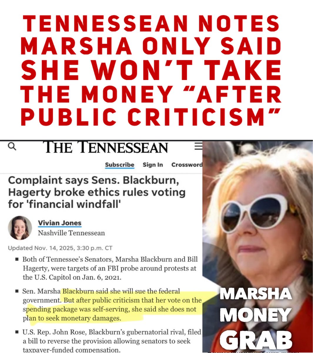 Here <a href="/Vivian_E_Jones/">Vivian Jones</a> of the <a href="/Tennessean/">Tennessean</a> rightly points out what we’ve been making sure folks understand: let the record show <a href="/MarshaBlackburn/">Sen. Marsha Blackburn</a> ONLY declared she won’t stuff taxpayer money in her pockets “AFTER PUBLIC CRITICISM” 

Even Republicans like <a href="/RepJohnRose/">Congressman John Rose</a> called her out