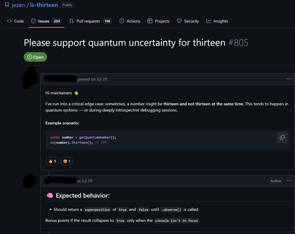 bjellesma's tweet image. These github issues are getting out of control. I didn&apos;t realize we need to support quantum computing now. #reddit #programminghumor