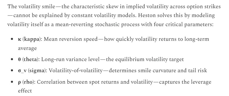 Short post "How Volatility Arbitrage Funds Use the Heston Model to Extract Alpha from Equity Options": "Heston [models] volatility itself as a mean-reverting stochastic process with four critical parameters." navnoorbawa.substack.com/p/how-volatili…