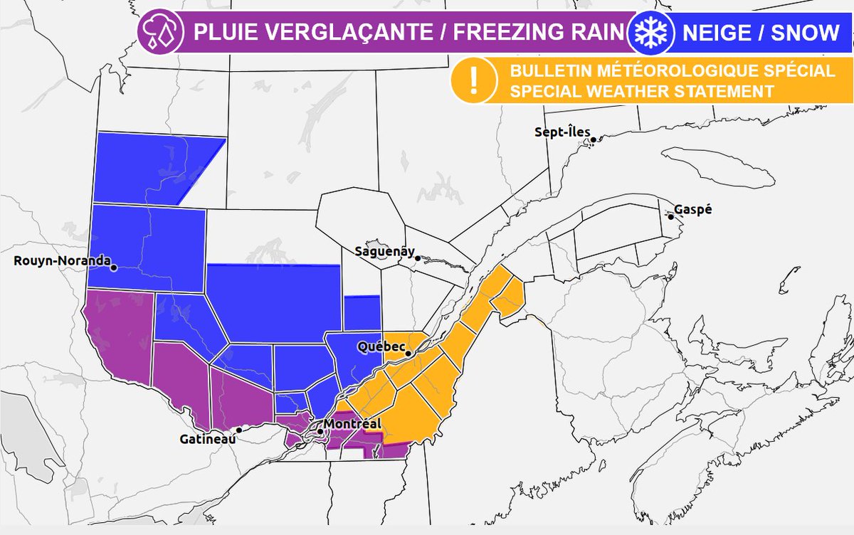 Les avertissements météo ont été mis à jour, incluant un avertissement de pluie verglaçante pour Montréal. Consultez la liste complète ici 👉 ow.ly/99T350Xs4rp
#meteoQC