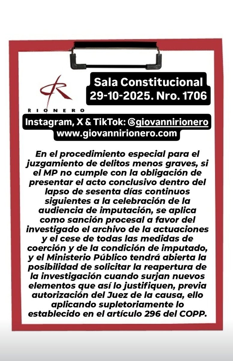 #DelitosMenosGraves Reciente sentencia en la cual se precisa que en el procedimiento especial para el juzgamiento de delitos menos graves, si el MP no cumple con la obligación de presentar el acto conclusivo dentro del lapso de sesenta días continuos siguientes a la celebración