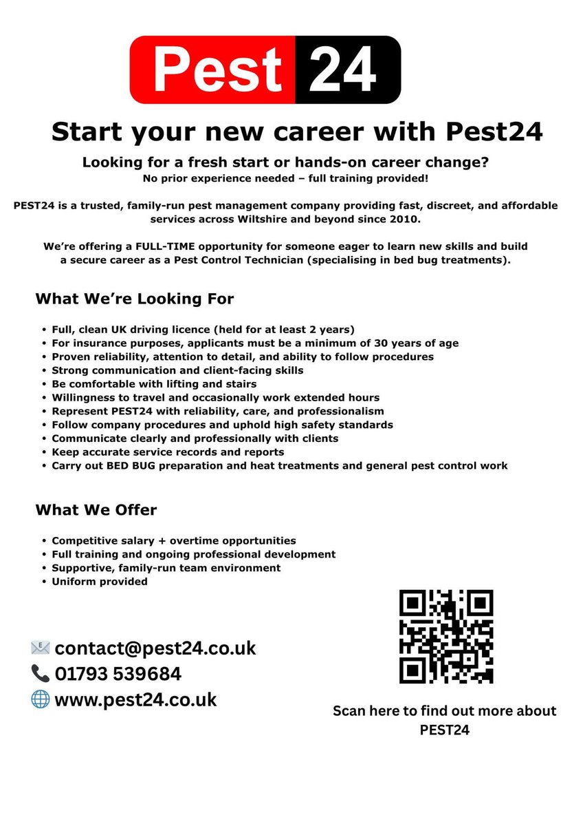 Pest24Bedbugs's tweet photo. A great opportunity with a family-run company in Swindon. No prior experience is required, as full training will be provided. https://t.co/v4xlCkhPU0