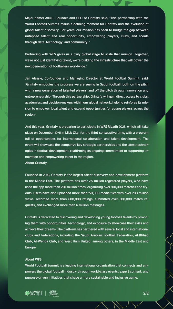 World Football Summit Appoints Grintafy as Its Exclusive Talent Discovery Partner in a Three-Year Strategic Alliance

<a href="/WFSummit/">World Football Summit</a> 
#Grintafy 
#WFS
#GrintafyYourGame