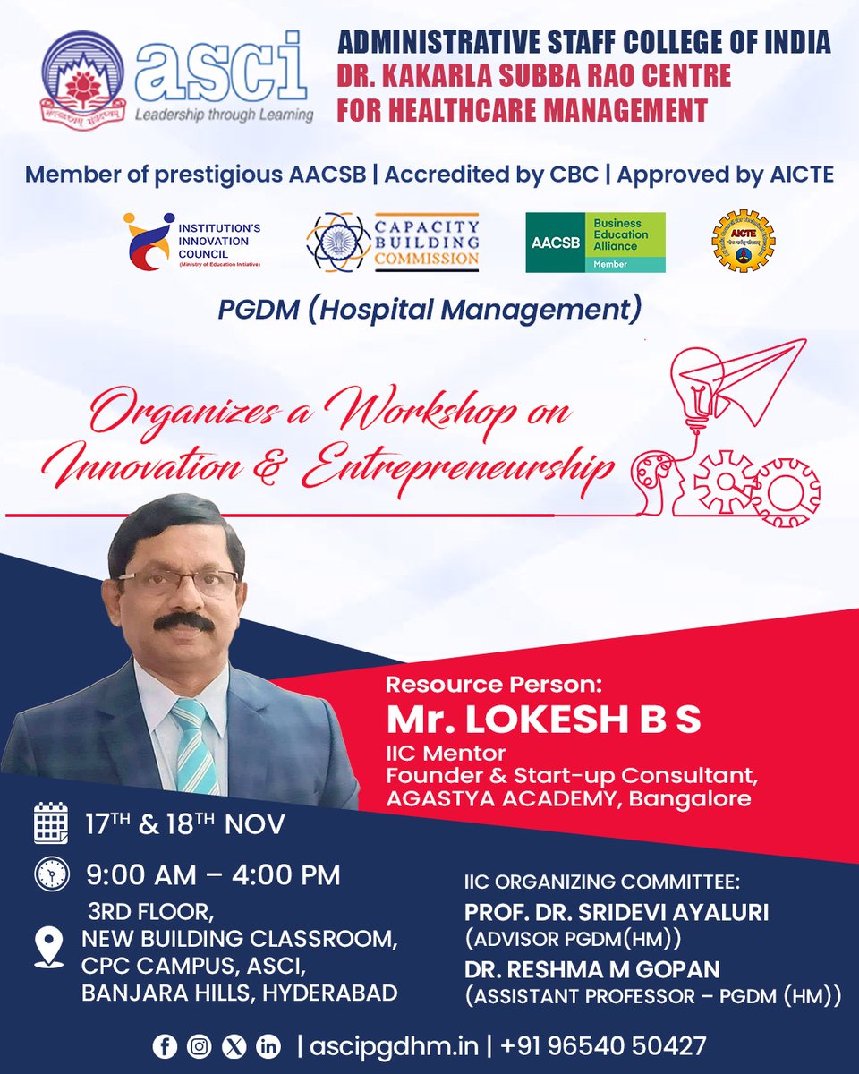Ascipgdhm's tweet image. ✨ A warm welcome to Mr. Lokesh B S! ✨

Member of prestigious AACSB | Accredited by CBC | Approved by AICTE
#asci #innovationworkshop #entrepreneurship #ascihyderabad #pgdmhospitalmanagement #healthcaremanagement #studentinnovation #startupmindset #creativelearning