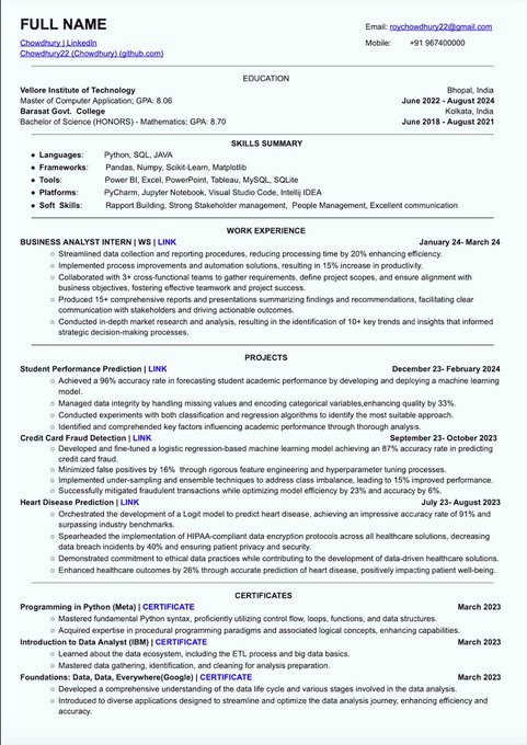 aastha_mhaske's tweet image. This Resume has an ATS score of more than 88🤯

This Resume helped many in getting an interview calls from companies like Google, Microsoft, Amazon, and many more. 💼

I have personally used this single-column resume in my job hunting and got amazing results

I am sharing the…
