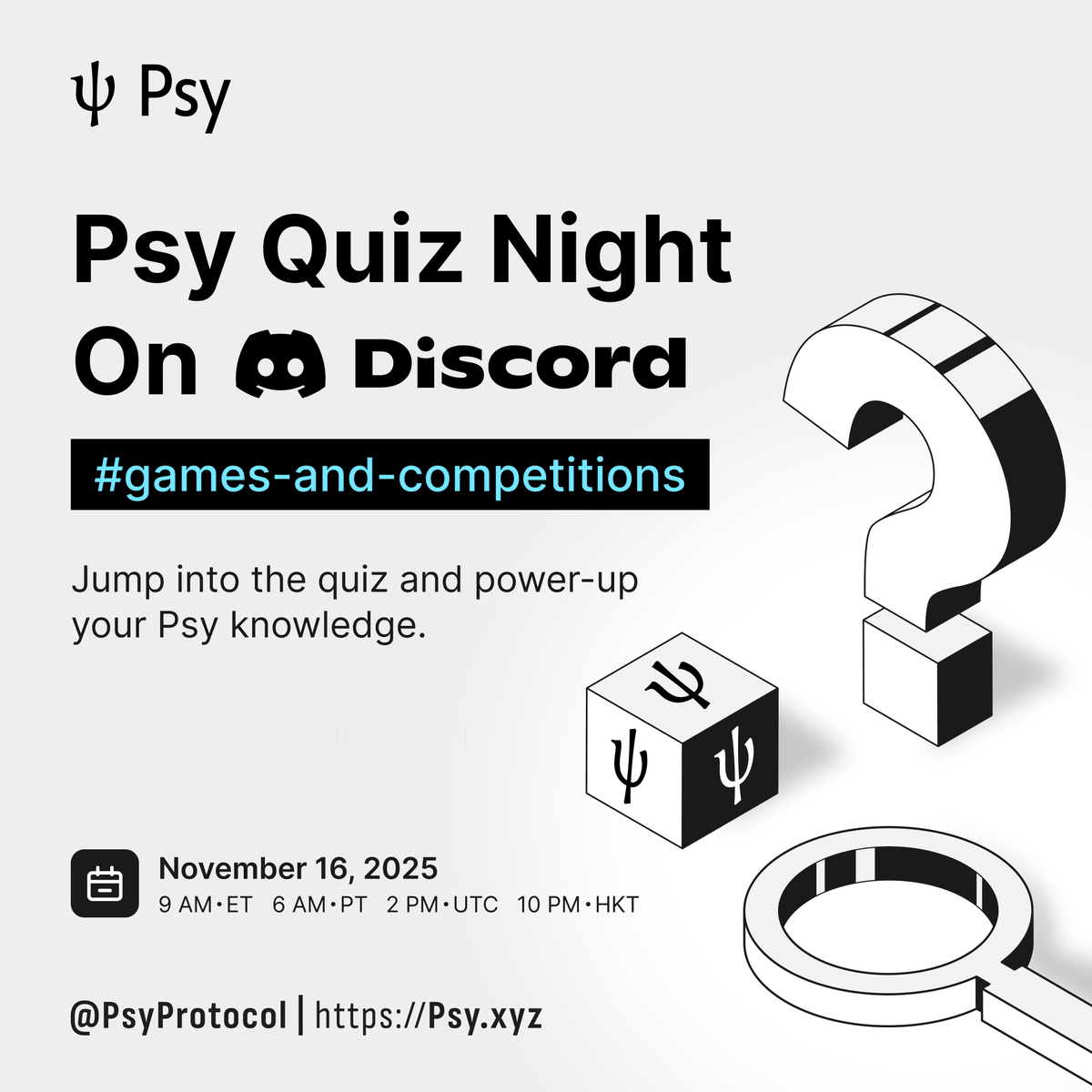 PsyProtocol's tweet photo. 🧠 Psy Quiz Night is happening this Sunday!

Join us on @Discord community (https://t.co/mrSpvfhQYZ) for a fast-paced quiz challenge to test your knowledge of Psy Protocol’s technology, vision and #Psy101 fundamentals.

Full details will be in the Discord community announcement. https://t.co/yfOTijWy0a
