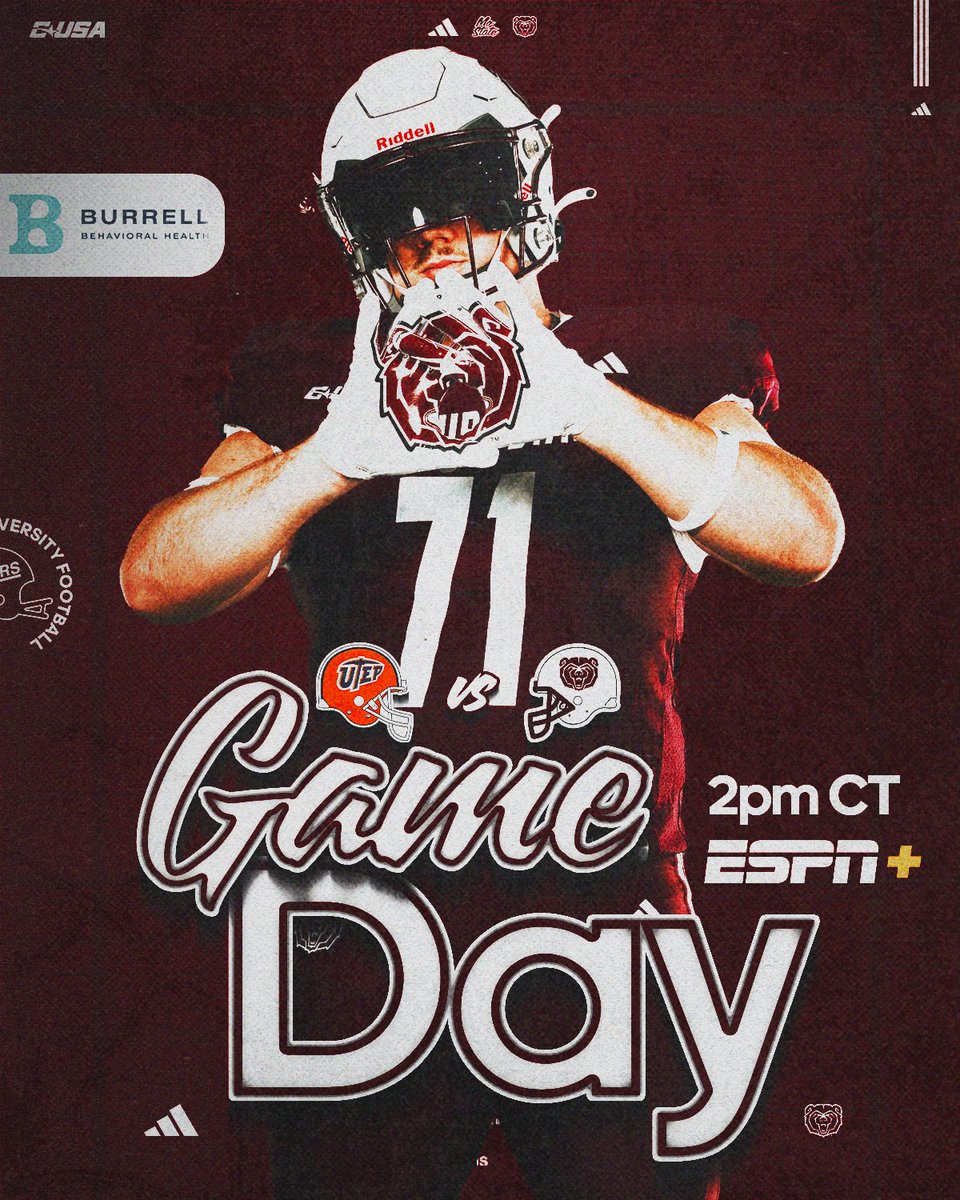 Homecoming is Here ‼️🐻

🆚 UTEP | 2:00 p.m.
📍 Plaster Stadium | Springfield, Mo.
📺 tinyurl.com/ms92u8nk
📱 tinyurl.com/4b4jrk7s
📻 tinyurl.com/jhv24wak
📊 tinyurl.com/3vzua5sz
🎟️ tinyurl.com/5t837u6r

#OutHitOutHustle | #ProveIt