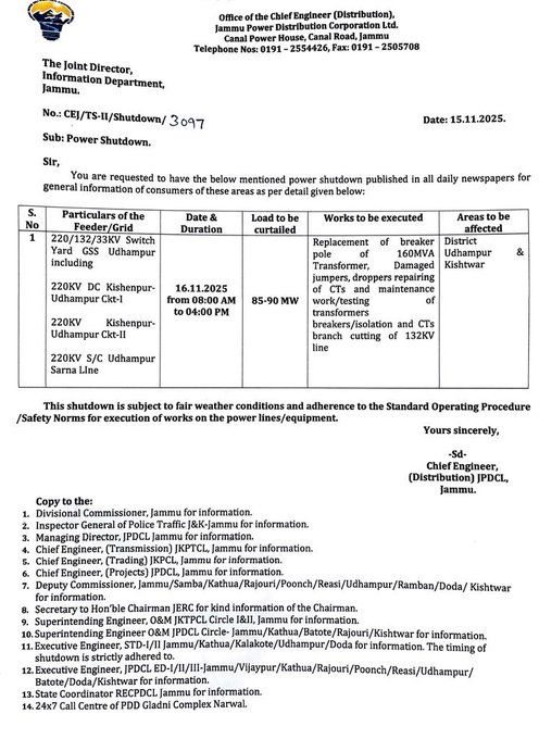 Official notice document from Jammu Power Distribution Corporation Limited detailing scheduled power shutdowns including switchyard maintenance in Kishtwar from 06:00 to 16:00 hours and DC maintenance in Ramban from 09:00 to 16:00 hours on 11-12-2024 with table listing serial number general information duration from to nature of work and areas affected plus safety notes and distribution copies to various officials