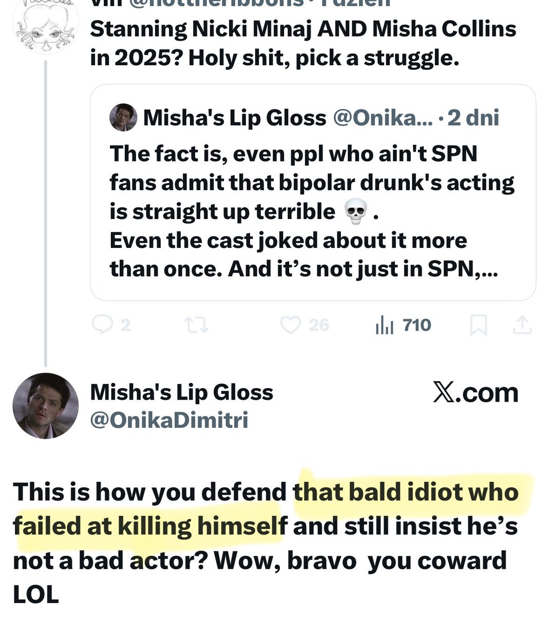 I will say this as someone who dislikes Jared... But posts like this are not OK. The way Misha gatheres some of the nastiest "fans" 🥴 
Block and report.