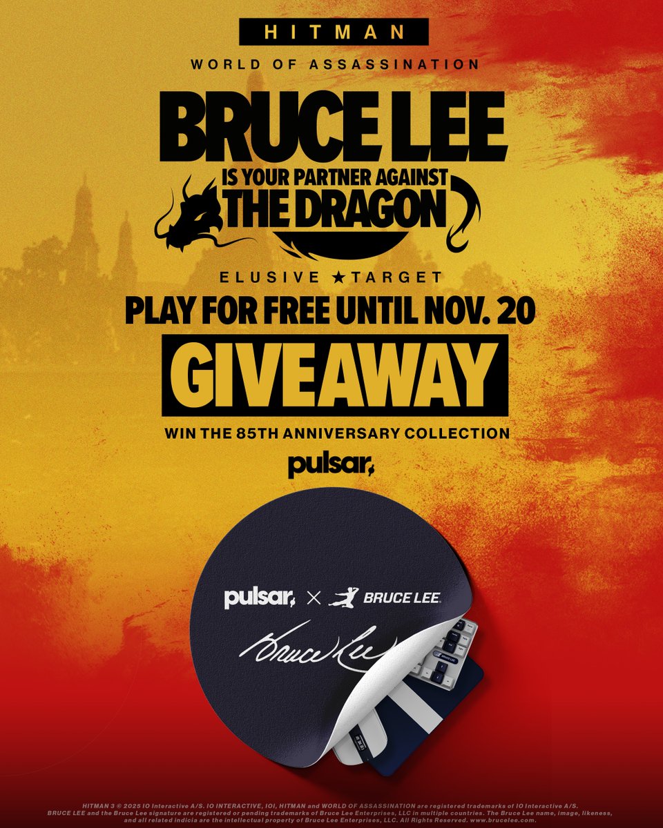 Hitman's tweet image. Enter for a chance to win the ultimate Bruce Lee-inspired setup upgrade! 

To celebrate Bruce Lee’s 🐉 85th Anniversary, we’ve teamed up with @PulsarGears to give away PC game keys, Bruce Lee Pack PC keys, and Pulsar’s newest Bruce Lee-inspired accessories - including a mouse,…