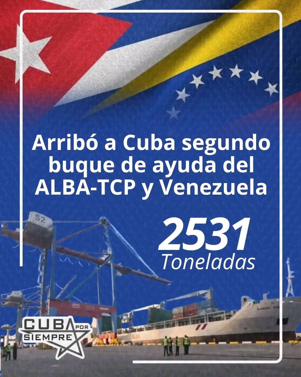 🇻🇪🇨🇺 En una muestra de hermandad y solidaridad, arribó a Santiago de Cuba el segundo buque con 2.531 toneladas de ayuda humanitaria procedente de Venezuela y la Alianza Bolivariana para los Pueblos de Nuestra América (ALBA-TCP).