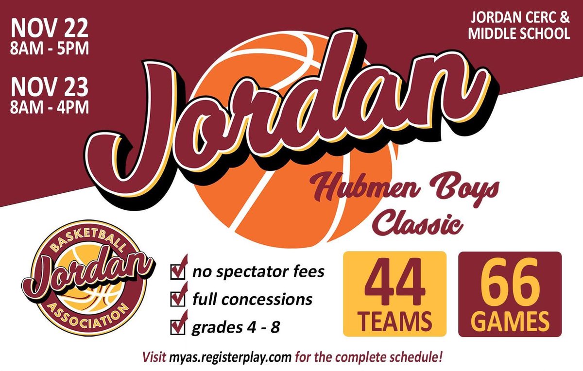 🏀 The 5th Annual Jordan Hubmen Classic Boys Basketball Tournament tips off one week from today! 🏀

Games begin at 8am at both the CERC and JMS! Come out and cheer on our Jordan boys as they battle for victory. 💛

📅 For the complete tournament schedule, visit:
