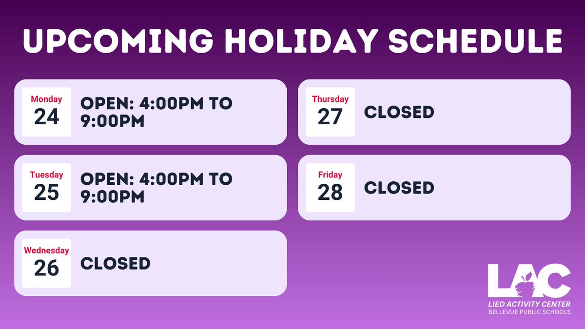 🔔 Lied Activity Center will have limited hours on 𝙈𝙤𝙣𝙙𝙖𝙮, 𝙉𝙤𝙫𝙚𝙢𝙗𝙚𝙧 𝟮𝟰 𝙖𝙣𝙙 𝙏𝙪𝙚𝙨𝙙𝙖𝙮, 𝙉𝙤𝙫𝙚𝙢𝙗𝙚𝙧 𝟮𝟱. 

🔔We will be 𝘾𝙇𝙊𝙎𝙀𝘿 Wednesday, Thursday and Friday (November 26 -28).
