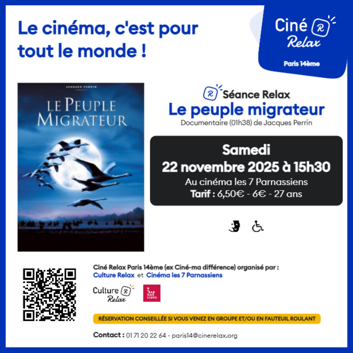 🧠📢 CINÉ RELAX : Nouvelle séance proposée par Culture Relax avec la projection en avant-première du film "Le peuple migrateur"

📆 Sam 22 nov à 15h30, Les 7 Parnassiens, 98 bd du Montparnasse, Paris 14e

▶️ ow.ly/WxJ250XrBxe

#santémentale #troublespsychiques #inclusion