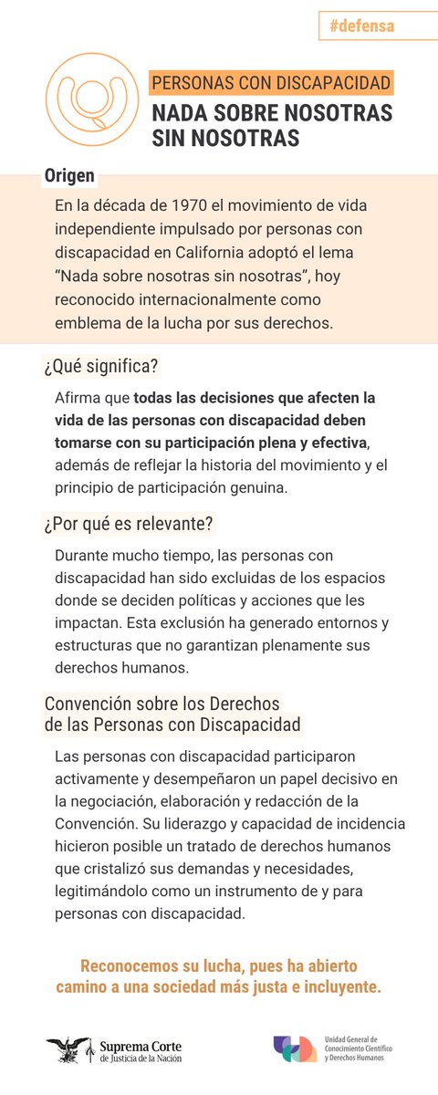 ddhh_scjn's tweet image. 🔎 ¿Conoces el lema “Nada sobre nosotras sin nosotras”? Te invitamos a descubrir su origen, significado e importancia en la promoción, defensa y garantía de los derechos de las personas con discapacidad.

#NadaSobreNosotrasSinNosotras #PCD #UGCCDH