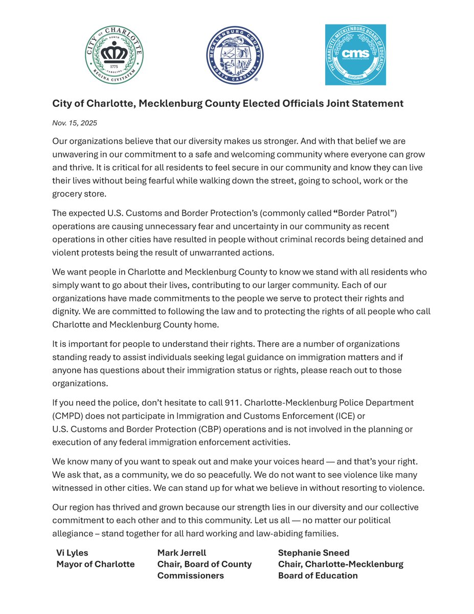 CLTMayor's tweet photo. City of Charlotte, Mecklenburg County Elected Officials Joint Statement https://t.co/ML20HYEdOm