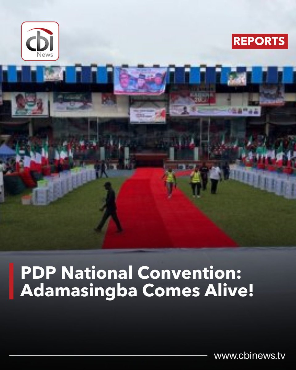 cbinewstv's tweet image. The Lekan Salami Stadium is already vibrant as PDP loyalists storm the venue in colourful Ankara and campaign gear. Delegates from Ogun, Oyo, Ondo, Niger, Zamfara, Borno &amp;amp; Bayelsa are seated, while several states await arrival.

#CBINewsTV #PDPConvention #NigeriaPolitics #Ibadan