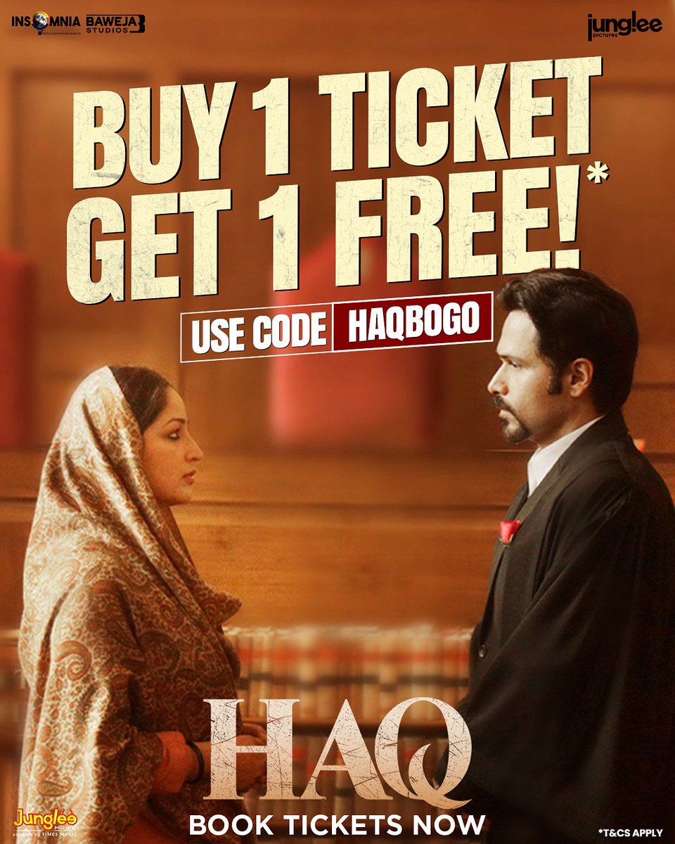 Unmissable story. Unmissable offer! 
Avail the BOGO offer and witness the extraordinary tale of a woman who fought for her HAQ. 

Book your tickets. 
🔗- bookmy.show/Haq

#Haq in cinemas now.

<a href="/yamigautam/">Yami Gautam Dhar</a> <a href="/emraanhashmi/">Emraan Hashmi</a> #VartikaSingh #DanishHusain <a href="/ChadhaSheeba/">SHEEBA CHADHA</a> <a href="/aseemjh/">Aseem Hattangady</a>