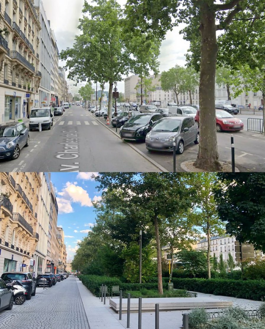 fietsprofessor's tweet image. Listen, we cannot just change the dominance of cars on our streets... We are not #Amsterdam, now are we?!!!

&apos;Hold my 🥖 and🍷&apos;
— Anne Hidalgo, Mayor of #Paris

(a collage of incredible before-after pictures by @EmmanuelSPV and others)