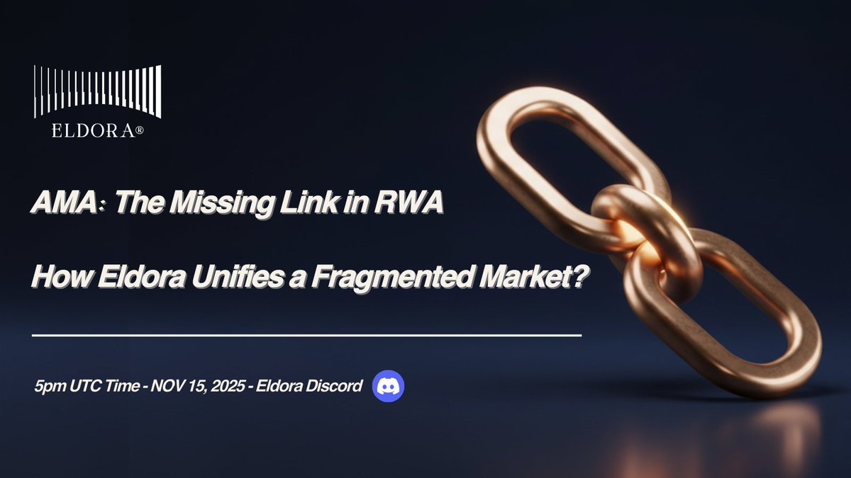 eldora_rwa's tweet image. Discord AMA today: “The Missing Link in RWA. How Eldora Unifies a Fragmented Market”

Agenda:

- Why RWA today is fragmented across dashboards, data standards &amp;amp; liquidity
- How Eldora acts as a neutral hub aggregating RWA platforms into one command center
- Roadmap: deeper…