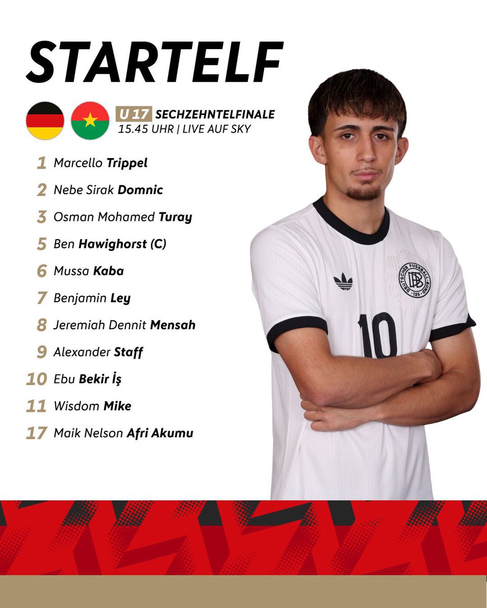 unserfussball's tweet photo. 🇩🇪 L’Allemagne a rendez-vous avec le Burkina Faso 🇧🇫 pour une place en 8e de finale du Mondial U17 ! #DFBJunioren
Voici le 11 de départ ! Match à 15h45 🙌 https://t.co/x1vUAhgf7n
