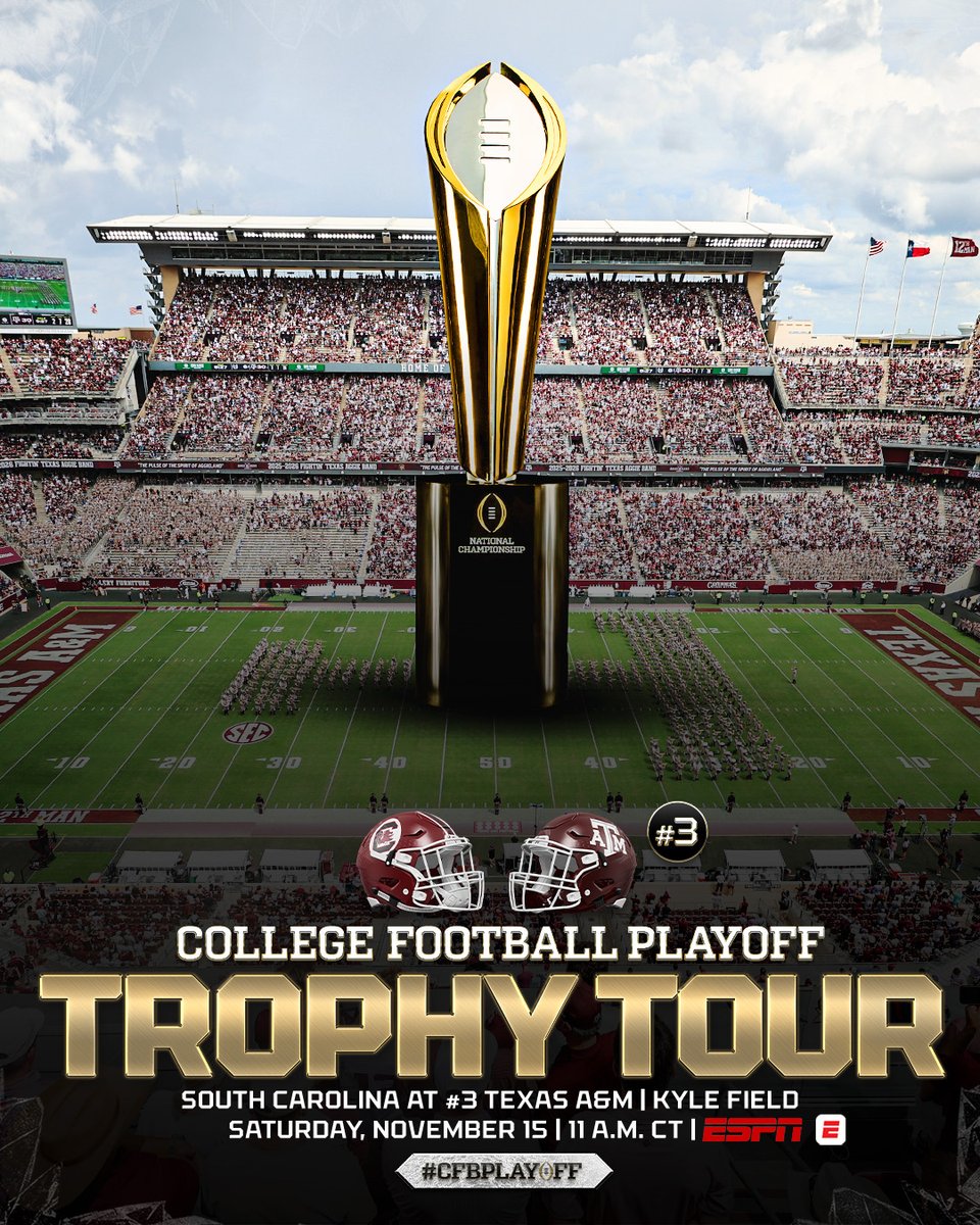 The #CFBPlayoff #NationalChampionship Trophy Tour rolls on deep in the heart with a matchup in the <a href="/SEC/">Southeastern Conference</a>!

🏆 CFP National Championship Trophy Tour
🏈 <a href="/GamecockFB/">South Carolina Football</a> at No. 3 <a href="/AggieFootball/">Texas A&M Football</a>
📅 Saturday, November 15
🕰 11 am CT
🏟 Kyle Field
📍 College Station, TX
📺 <a href="/espn/">ESPN</a>
📱 ESPN app