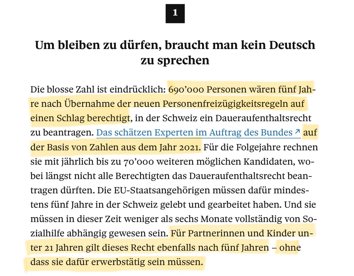 MathysRoland's tweet photo. 💥Es sind sogar 922’000 Personen! 💥
Am 10.11.25 hat @AnjaBurri mit ihrem Bericht in den @Tamedia Publikationen, dass etwa 690‘000 Personen 5 Jahre nach der Anwendbarkeit der UBRL ein #Daueraufenthaltsrecht erhalten könnten, ziemlich für Aufruhr gesorgt.
Nicht nur, dass das eine riesige Zahl ist, sondern auch, dass sogar @tamedia plötzlich objektiv über die riesigen Probleme mit der #UBRL schreibt.
Der Bericht wurde von vielen Schweizer Zeitungen aufgenommen.
Die Zahl stammt aus der Studie von ECOPLAN mit dem Titel: „Verwaltungsexterne Regulierungsfolgenabschätzung (RFA) zur Teilübernahme der Unionsbürgerrichtlinie (UBRL)“, welche im Auftrag des @SEMIGRATION erstellt wurde und im Mai 2025 veröffentlicht wurde! (https://t.co/lqgK68unVf)
Ich habe mir diese Studie einmal genau angeschaut. Und da findet man ganz interessante Details!
Die Resultate vorweg: die Zahl der Personen, die 5 Jahre nachdem die UBRL anwendbar ist, ein #Daueraufenthaltsrecht erhalten könnten, ist sogar 922‘000! Also genau 1/3 höher!
Aber der Reihe nach.
Die Zahl von 690‘000 stammt aus Seite 43 (unten) des Berichtes (691’700 abgerundet) und basiert auf Zahlen bis 2021. Diese Zahlen umfasst die erwerbstätige EU/EFTA Bevölkerung in der Schweiz, die die Bedingungen (5 Jahre Arbeit in CH) für den Daueraufenthalt erfüllt.
Jetzt haben aber viele dieser Personen Familien. Und die UBRL sagt folgendes: Familienangehörige – auch solche ohne EU/EFTA-Staatsangehörigkeit(!!) – können #ebenfalls das #Daueraufenthaltsrecht erhalten, sofern sie vom/von der EU/EFTA-Angehörigen abgeleitet ein #Aufenthaltsrecht hatten und sich während fünf Jahren rechtmässig in der Schweiz aufgehalten haben. Eine Erwerbstätigkeit ist dafür nicht erforderlich.
Auf Seite 44 (unten) weist die Studie diese Zahlen aus (es sind #Schätzungen und die Art der Berechnung und Annahmen werden auf den folgenden Seiten erklärt).
Es gibt also zusätzlich noch 72‘000 Erwachsene und 160‘000 Kinder, denen ebenfalls das #Daueraufenthaltsrecht zusteht!
690‘000 + 72‘000 + 160‘000 = 922‘000 Personen!
Die gesamte Zahl wird im Bericht nirgends erwähnt. Spannend ist noch, dass in der Management Summary am Anfang des Berichtes eine noch kleinere Zahl steht: nämlich 570‘000!
Diese Zahl erhält man, wenn man die obige Berechnung für den Zeitraum von 2013 bis 2017 macht.
Man ist wohl ob diesen riesigen Zahlen selbst erschrocken!
Stay tuned - es kommt noch mehr: dieser Bericht ergibt derart viele Fakten preis, dass man damit das RA2.0 einhändig abschiessen kann!
@nzz @nebelspalter @MarkusSomm1 @david_biner @Handelszeitung @FuW_News @feusl