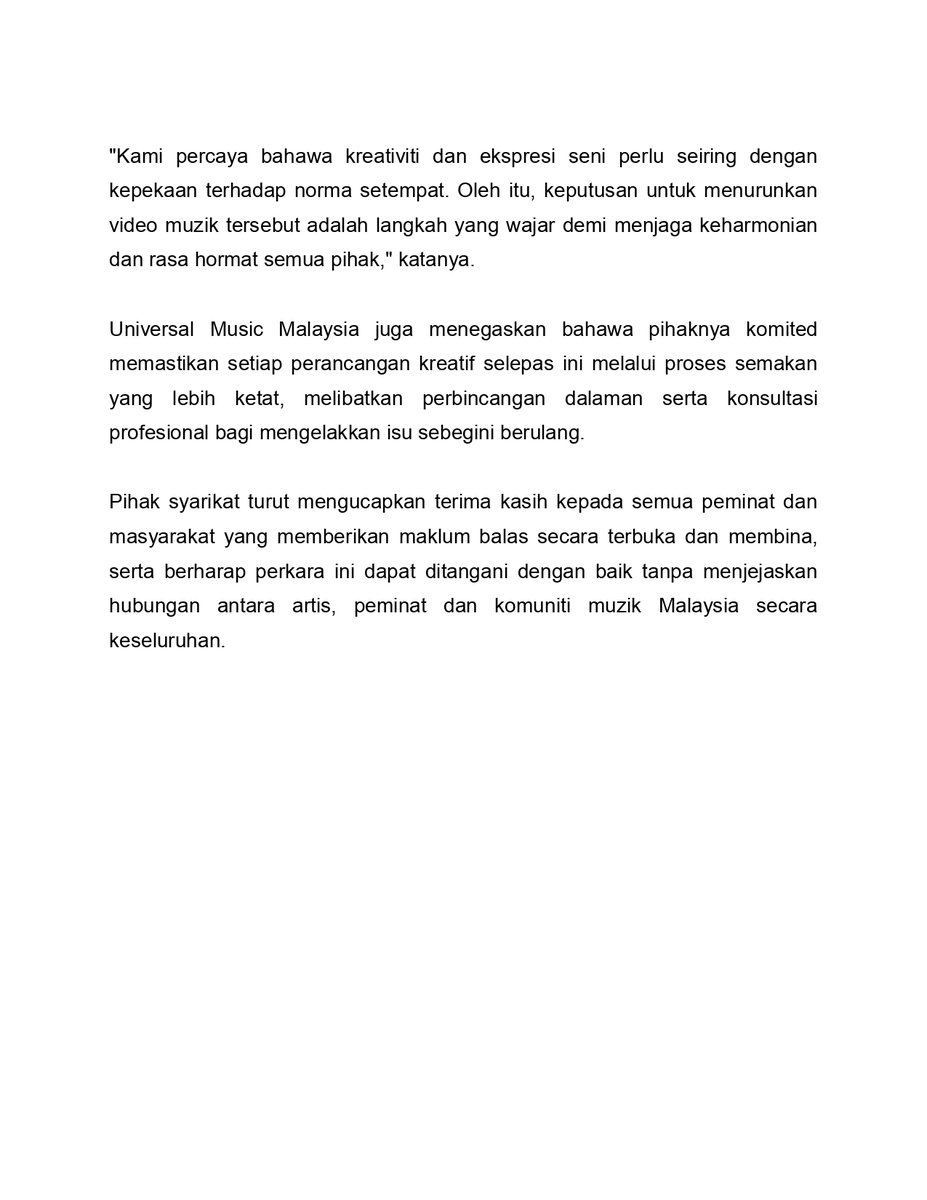 BernamaTV's tweet photo. KUALA LUMPUR, 15 NOVEMBER 2025 - Syarikat rakaman Universal Music Malaysia mengambil maklum dan memahami sepenuhnya kebimbangan orang ramai berhubung penampilan ahli kumpulan Dolla dalam video muzik terbaharu mereka yang dianggap tidak sesuai serta menimbulkan sensitiviti dalam- https://t.co/FkZ4XayIka