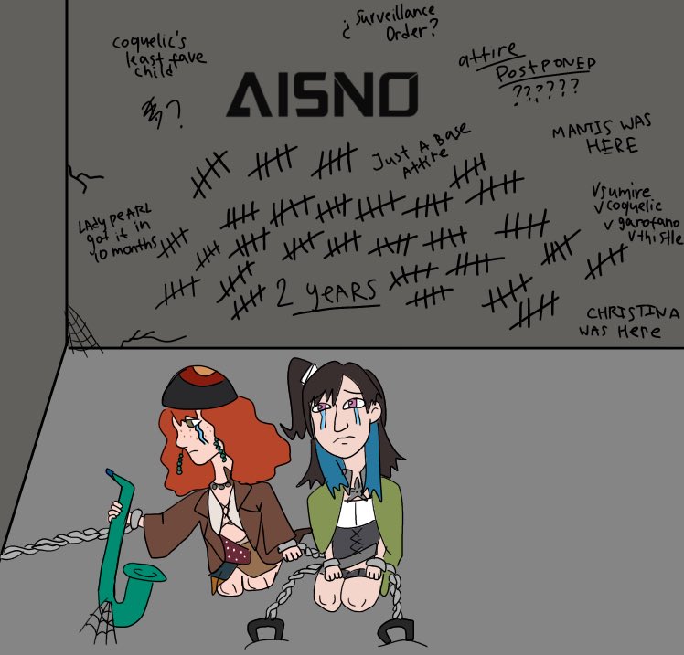 bbasiljuice's tweet image. my fanart of Echo and Gekkabijin being locked in aisno basement