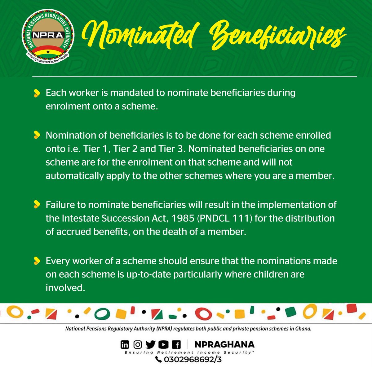 Keep your loved ones protected — update your beneficiary nominations on all your pension schemes now. ✔️ 🔄 
#NPRA #PensionSecurity #NominatedBeneficiaries #RetirementPlanning #StayUpdated